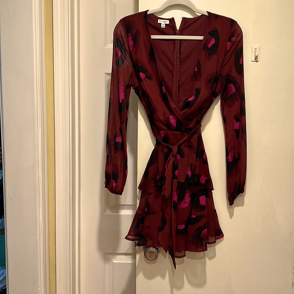 Cheetah print maroon and pink ruffle dress